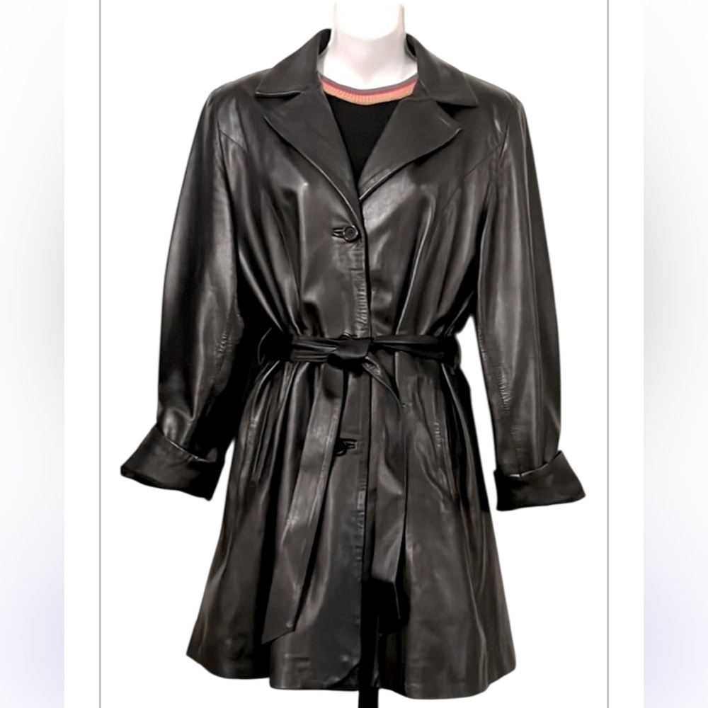 Borgo Antico Women’s Black Mid Length Vintage Belted Leather Trench Coat XL